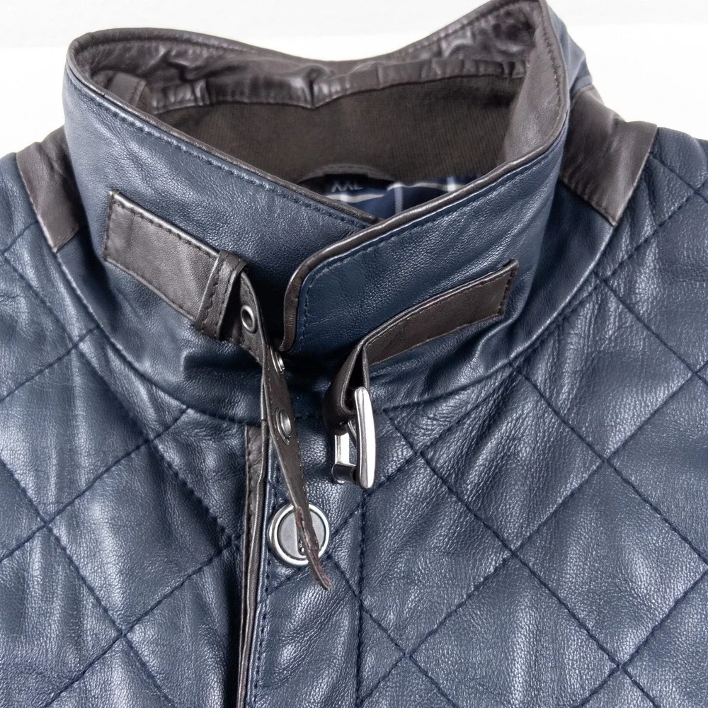 Henig Furs‎ Quilted Leather Jacket Mens XXL Navy Blue Brown Germany Moto Preppy
